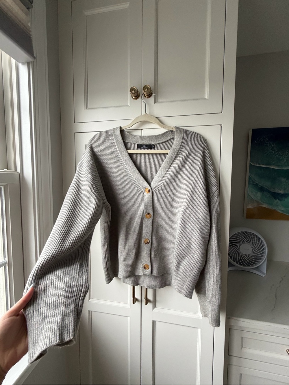 Ribbed V-Neck Button Cardigan Sweater in Light Gray